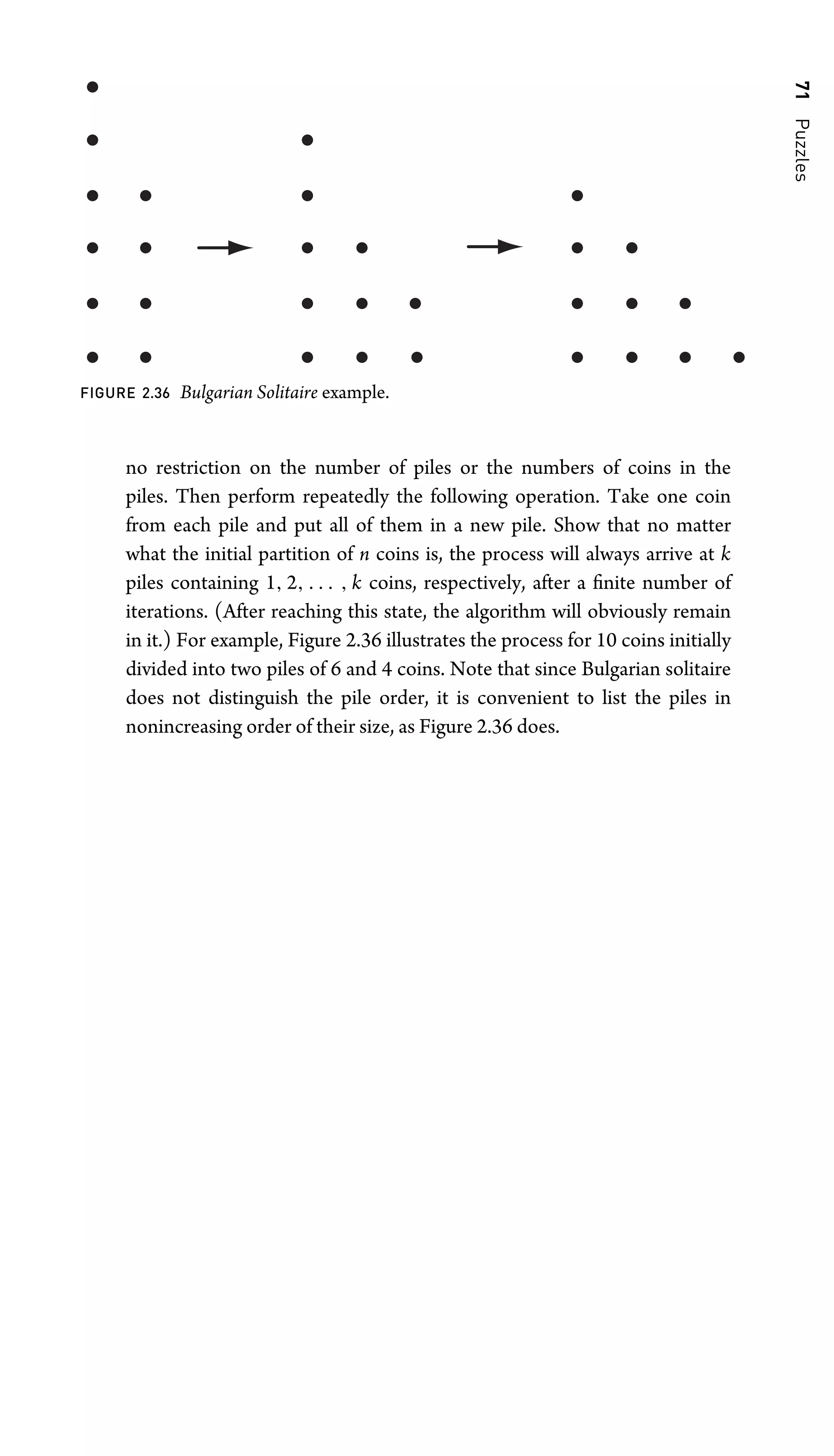 71
Puzzles
FIGURE 2.36 Bulgarian Solitaire example.
no restriction on the number of piles or the numbers of coins in the
piles. Then perform repeatedly the following operation. Take one coin
from each pile and put all of them in a new pile. Show that no matter
what the initial partition of n coins is, the process will always arrive at k
piles containing 1, 2, . . . , k coins, respectively, after a ﬁnite number of
iterations. (After reaching this state, the algorithm will obviously remain
in it.) For example, Figure 2.36 illustrates the process for 10 coins initially
divided into two piles of 6 and 4 coins. Note that since Bulgarian solitaire
does not distinguish the pile order, it is convenient to list the piles in
nonincreasing order of their size, as Figure 2.36 does.
 