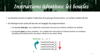 24
Instructions itératives: les boucles
• Les boucles servent à répéter l'exécution d'un groupe d'instructions un certain nombre de fois
• On distingue trois sortes de boucles en langages de programmation :
• Les boucles tant que : on y répète des instructions tant qu'une certaine condition est réalisée
• Les boucles pour ou avec compteur : on y répète des instructions en faisant évoluer un compteur
(variable particulière) entre une valeur initiale et une valeur finale
 