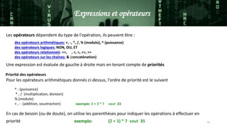 10
Expressions et opérateurs
Les opérateurs dépendent du type de l'opération, ils peuvent être :
des opérateurs arithmétiques: +, -, *, /, % (modulo), ^ (puissance)
des opérateurs logiques: NON, OU, ET
des opérateurs relationnels: ==, , <, >, <=, >=
des opérateurs sur les chaînes: & (concaténation)
Une expression est évaluée de gauche à droite mais en tenant compte de priorités
Priorité des opérateurs
Pour les opérateurs arithmétiques donnés ci-dessus, l'ordre de priorité est le suivant
^ : (puissance)
* , / (multiplication, division)
% (modulo)
+ , - (addition, soustraction) exemple: 2 + 3 * 7 vaut 23
En cas de besoin (ou de doute), on utilise les parenthèses pour indiquer les opérations à effectuer en
priorité exemple: (2 + 3) * 7 vaut 35
 