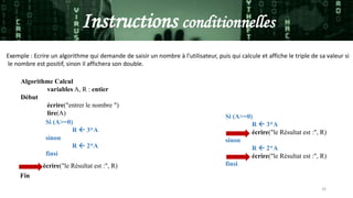 16
Instructions conditionnelles
Exemple : Ecrire un algorithme qui demande de saisir un nombre à l'utilisateur, puis qui calcule et affiche le triple de sa valeur si
le nombre est positif, sinon il affichera son double.
Algorithme Calcul
variables A, R : entier
Début
écrire("entrer le nombre ")
lire(A)
Si (A>=0)
R  3*A
sinon
R  2*A
finsi
Si (A>=0)
R  3*A
écrire("le Résultat est :", R)
sinon
R  2*A
écrire("le Résultat est :", R)
finsi
Fin
écrire("le Résultat est :", R)
 