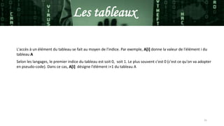 31
Les tableaux
L'accès à un élément du tableau se fait au moyen de l'indice. Par exemple, A[i] donne la valeur de l'élément i du
tableau A
Selon les langages, le premier indice du tableau est soit 0, soit 1. Le plus souvent c'est 0 (c'est ce qu'on va adopter
en pseudo-code). Dans ce cas, A[i] désigne l'élément i+1 du tableau A
 