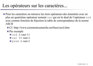Les opérateurs sur les caractères...
Pour les caractères on retrouve les trois opérateurs des énumérés avec en
plus un quatrième opérateur nommé car qui est le dual de l’opérateur ord
avec comme fonction de bijection la table de correspondance de la norme
ASCII
Cf. http://www.commentcamarche.net/base/ascii.htm
Par exemple
ord A vaut 65
car 65 vaut A
pred A vaut @
Concepts de base – p. 21
 