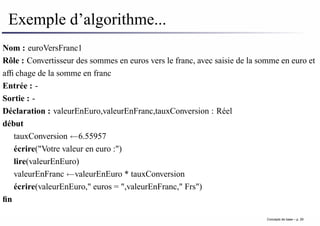 Exemple d’algorithme...
Nom : euroVersFranc1
Rôle : Convertisseur des sommes en euros vers le franc, avec saisie de la somme en euro et
affichage de la somme en franc
Entrée : -
Sortie : -
Déclaration : valeurEnEuro,valeurEnFranc,tauxConversion : Réel
début
tauxConversion ←6.55957
écrire("Votre valeur en euro :")
lire(valeurEnEuro)
valeurEnFranc ←valeurEnEuro * tauxConversion
écrire(valeurEnEuro," euros = ",valeurEnFranc," Frs")
fin
Concepts de base – p. 29
 