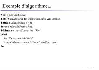 Exemple d’algorithme...
Nom : euroVersFranc2
Rôle : Convertisseur des sommes en euros vers le franc
Entrée : valeurEnEuro : Réel
Sortie : valeurEnFranc : Réel
Déclaration : tauxConversion : Réel
début
tauxConversion ←6.55957
valeurEnFranc ←valeurEnEuro * tauxConversion
fin
Concepts de base – p. 30
 