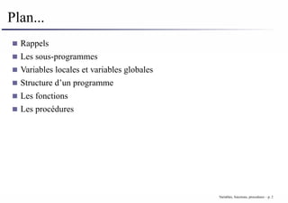 Plan...
Rappels
Les sous-programmes
Variables locales et variables globales
Structure d’un programme
Les fonctions
Les procédures
Variables, fonctions, procedures – p. 2
 