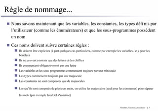 Règle de nommage...
Nous savons maintenant que les variables, les constantes, les types définis par
l’utilisateur (comme les énumérateurs) et que les sous-programmes possèdent
un nom
Ces noms doivent suivre certaines rêgles :
Ils doivent être explicites (à part quelques cas particuliers, comme par exemple les variables i et j pour les
boucles)
Ils ne peuvent contenir que des lettres et des chiffres
Ils commencent obligatoirement par une lettre
Les variables et les sous-programmes commencent toujours par une miniscule
Les types commencent toujours par une majuscule
Les constantes ne sont composées que de majuscules
Lorsqu’ils sont composés de plusieurs mots, on utilise les majuscules (sauf pour les constantes) pour séparer
les mots (par exemple JourDeLaSemaine)
Variables, fonctions, procedures – p. 7
 