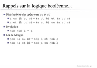Rappels sur la logique booléenne...
Distributivité des opérateurs et et ou
a ou (b et c) = (a ou b) et (a ou c)
a et (b ou c) = (a et b) ou (a et c)
Involution
non non a = a
Loi de Morgan
non (a ou b) = non a et non b
non (a et b) = non a ou non b
Conditionnelles et iterations – p. 4
 