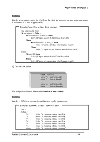 Algorithmes et langage C
_________________________________________________
Fatima-Zahra BELOUADHA 10
Exemple:
Vérifier si un agent a droit de bénéficier du crédit de logement ou non selon ses années
d’ancienneté et sa note d’appréciation.
lire (ancienneté, note)
Si ancienneté < 5 alors
Si ancienneté=4 et note≥16 alors
écrire ('L’agent a droit de bénéficier du crédit')
Sinon
Si ancienneté=3 et note≥18 alors
écrire ('L’agent a droit de bénéficier du crédit')
Sinon
écrire ('L’agent n’a pas droit de bénéficier du crédit')
Sinon
Si note≥13 alors
écrire ('L’agent a droit de bénéficier du crédit')
Sinon
écrire ('L’agent n’a pas droit de bénéficier du crédit')
b) Instruction Selon
Selon variable
valeur1 : instruction(s) 1
valeur2 : instruction(s) 2
...
valeurn : instruction(s) n
sinon instruction(s) m
Elle indique le traitement à faire selon la valeur d'une variable.
Exemple:
Vérifier et Afficher si un caractère saisi est une voyelle ou consonne.
lire c
Selon c
'a' : écrire ('le caractère est une voyelle')
'e' : écrire ('le caractère est une voyelle')
'i' : écrire ('le caractère est une voyelle')
'o' : écrire ('le caractère est une voyelle')
'u' : écrire ('le caractère est une voyelle')
'y' : écrire ('le caractère est une voyelle')
sinon écrire ('le caractère est une consonne')
Exemple d'algorithme utilisant l'instruction Selon
Exemple d'algorithme utilisant des si imbriqués
 