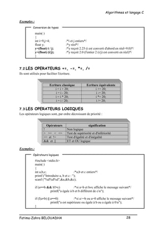 Algorithmes et langage C
_________________________________________________
Fatima-Zahra BELOUADHA 28
Exemples :
main( )
{
int i=9,j=4; /*i et j entiers*/
float y; /*y réel*/
y=(float) i / j; /*y reçoit 2.25 (i est converti d'abord en réel=9.0)*/
y=(float) (i/j); /*y reçoit 2.0 (l'entier 2 (i/j) est converti en réel)*/
}
7.2 LES OPERATEURS +=, -=, *=, /=
Ils sont utilisés pour faciliter l'écriture.
Ecriture classique Ecriture équivalente
i = i + 20; i += 20;
i = i - 20; i -= 20;
i = i * 20; i *= 20;
i = i / 20; i /= 20;
7.3 LES OPERATEURS LOGIQUES
Les opérateurs logiques sont, par ordre décroissant de priorité :
Opérateurs signification
! Non logique
> >= < <= Test de supériorité et d'infériorité
== et != Test d'égalité et d'inégalité
&& et || ET et OU logique
Exemples :
#include <stdio.h>
main( )
{
int a,b,c; /*a,b et c entiers*/
printf ("Introduire a, b et c : ");
scanf ("%d%d%d",&a,&b,&c);
if (a==b && b!=c) /*si a=b et bc affiche le message suivant*/
printf("a égale à b et b différent de cn");
if (!(a<b) || a==0) /*si a>=b ou a=0 affiche le message suivant*/
printf("a est supérieure ou égale à b ou a égale à 0n");
}
Conversion de types
Opérateurs logiques
 