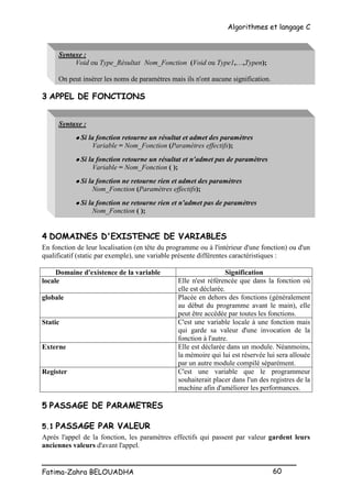 Algorithmes et langage C
_________________________________________________
Fatima-Zahra BELOUADHA 60
Syntaxe :
Void ou Type_Résultat Nom_Fonction (Void ou Type1,…,Typen);
On peut insérer les noms de paramètres mais ils n'ont aucune signification.
3 APPEL DE FONCTIONS
Syntaxe :
 Si la fonction retourne un résultat et admet des paramètres
Variable = Nom_Fonction (Paramètres effectifs);
 Si la fonction retourne un résultat et n'admet pas de paramètres
Variable = Nom_Fonction ( );
 Si la fonction ne retourne rien et admet des paramètres
Nom_Fonction (Paramètres effectifs);
 Si la fonction ne retourne rien et n'admet pas de paramètres
Nom_Fonction ( );
4 DOMAINES D'EXISTENCE DE VARIABLES
En fonction de leur localisation (en tête du programme ou à l'intérieur d'une fonction) ou d'un
qualificatif (static par exemple), une variable présente différentes caractéristiques :
Domaine d'existence de la variable Signification
locale Elle n'est référencée que dans la fonction où
elle est déclarée.
globale Placée en dehors des fonctions (généralement
au début du programme avant le main), elle
peut être accédée par toutes les fonctions.
Static C'est une variable locale à une fonction mais
qui garde sa valeur d'une invocation de la
fonction à l'autre.
Externe Elle est déclarée dans un module. Néanmoins,
la mémoire qui lui est réservée lui sera allouée
par un autre module compilé séparément.
Register C'est une variable que le programmeur
souhaiterait placer dans l'un des registres de la
machine afin d'améliorer les performances.
5 PASSAGE DE PARAMETRES
5.1 PASSAGE PAR VALEUR
Après l'appel de la fonction, les paramètres effectifs qui passent par valeur gardent leurs
anciennes valeurs d'avant l'appel.
 