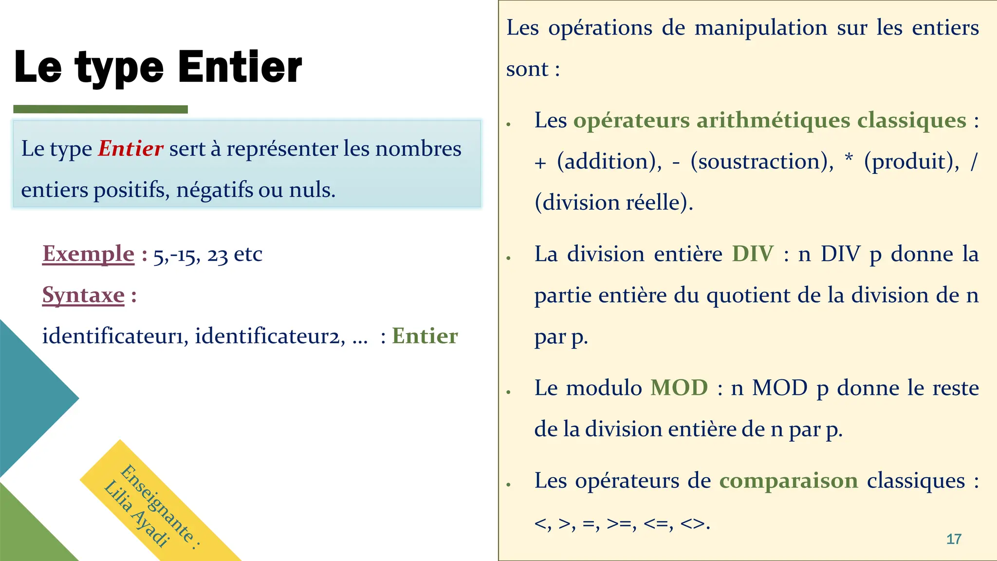 Le type Entier
Les opérations de manipulation sur les entiers
sont :
• Les opérateurs arithmétiques classiques :
+ (addition), - (soustraction), * (produit), /
(division réelle).
• La division entière DIV : n DIV p donne la
partie entière du quotient de la division de n
par p.
• Le modulo MOD : n MOD p donne le reste
de la division entière de n par p.
• Les opérateurs de comparaison classiques :
<, >, =, >=, <=, <>.
17
Le type Entier sert à représenter les nombres
entiers positifs, négatifs ou nuls.
Exemple : 5,-15, 23 etc
Syntaxe :
identificateur1, identificateur2, … : Entier
 