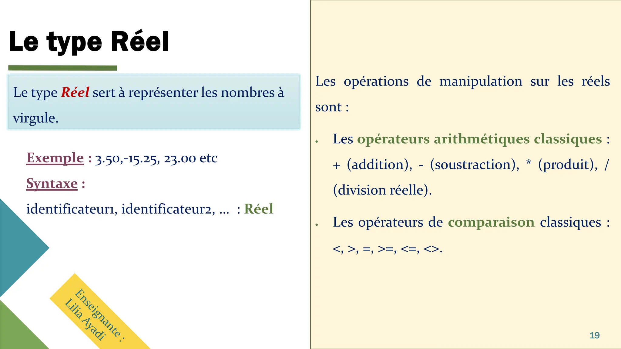 Le type Réel
Les opérations de manipulation sur les réels
sont :
• Les opérateurs arithmétiques classiques :
+ (addition), - (soustraction), * (produit), /
(division réelle).
• Les opérateurs de comparaison classiques :
<, >, =, >=, <=, <>.
19
Le type Réel sert à représenter les nombres à
virgule.
Exemple : 3.50,-15.25, 23.00 etc
Syntaxe :
identificateur1, identificateur2, … : Réel
 