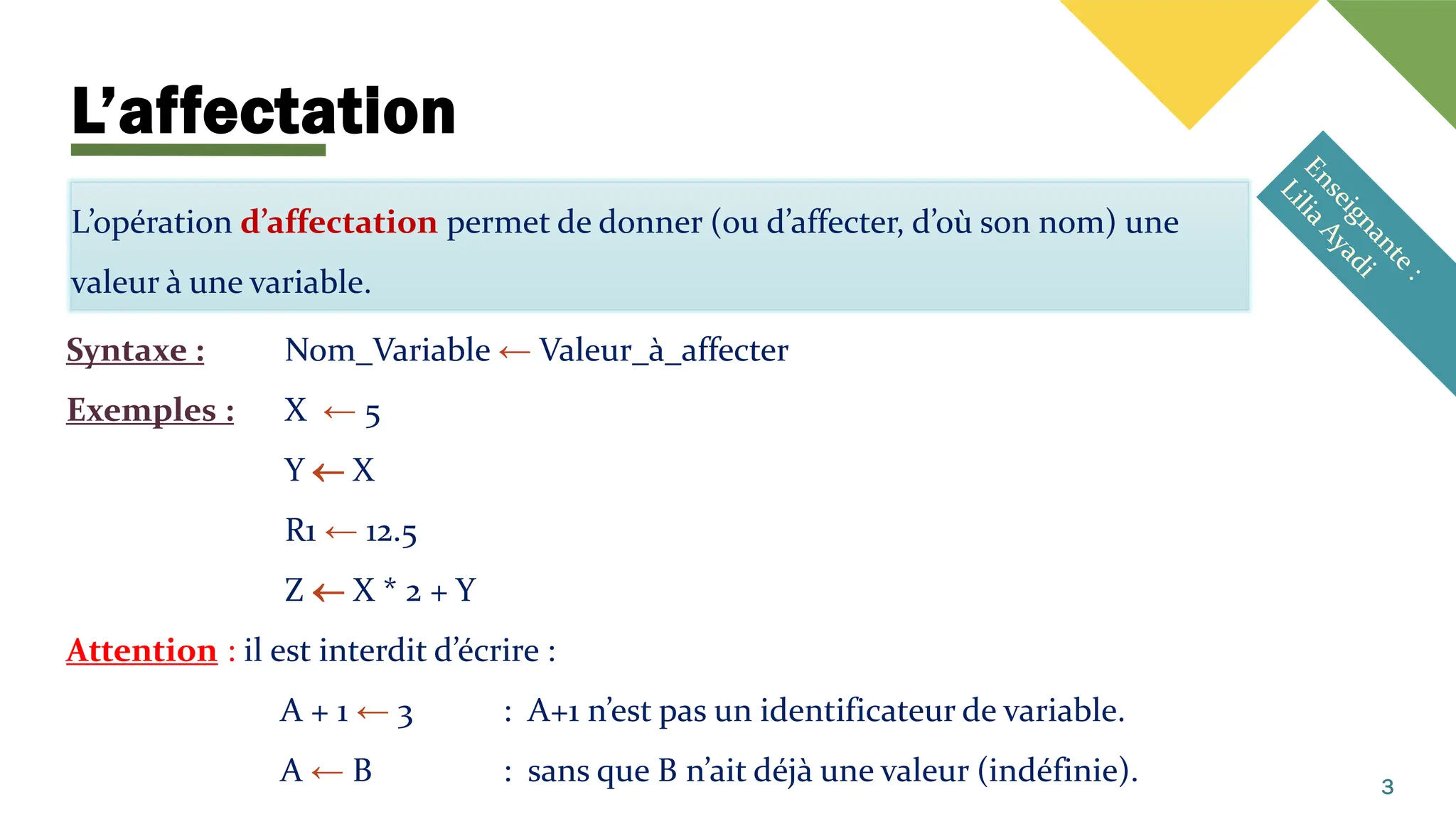 L’affectation
L’opération d’affectation permet de donner (ou d’affecter, d’où son nom) une
valeur à une variable.
Syntaxe : Nom_Variable ← Valeur_à_affecter
Exemples : X ← 5
Y  X
R1 ← 12.5
Z  X * 2 + Y
Attention : il est interdit d’écrire :
A + 1 ← 3 : A+1 n’est pas un identificateur de variable.
A ← B : sans que B n’ait déjà une valeur (indéfinie). 3
 