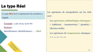 Le type Réel
Les opérations de manipulation sur les réels
sont :
• Les opérateurs arithmétiques classiques :
+ (addition), - (soustraction), * (produit), /
(division réelle).
• Les opérateurs de comparaison classiques :
<, >, =, >=, <=, <>.
19
Le type Réel sert à représenter les nombres à
virgule.
Exemple : 3.50,-15.25, 23.00 etc
Syntaxe :
identificateur1, identificateur2, … : Réel
 