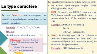 Le type caractère
Les opérations permises sur le type caractère sont :
• Les actions algorithmiques simples (Saisie,
affichage et affectation) ;
• ORD : de manière que ORD( C ) donne le code
ASCII (ordre dans la table ASCII) du caractère
existant dans l’objet C. Le résultat est de type
entier.
Exemple : ORD( ‘A’ ) retourne 65
A← 'B’
ORD(A) retourne 66
• CHR : de manière que CHR( N ) donne le
caractère correspondant au code ASCII du
contenu de l'objet N (N étant de type entier). Le
résultat est de type caractère.
Exemple : CHR (65) retourne ’A’.
21
Le type Caractère sert à manipuler des
caractères alphabétiques, numériques et les
caractères spéciaux.
Exemple : 'a', 'A', 'z', '.', '!', '1', '2', etc.
Syntaxe :
identificateur1, identificateur2, … : Car
Remarque : Les deux fonctions
CHR et ORD sont réciproques. C’est
à dire que
CHR(ORD(C)) retourne C
et ORD(CHR(N)) retourne N
 