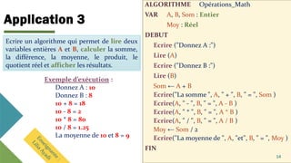 Application 3
ALGORITHME Opérations_Math
VAR A, B, Som : Entier
Moy : Réel
DEBUT
Ecrire ("Donnez A :")
Lire (A)
Ecrire ("Donnez B :")
Lire (B)
Som ← A + B
Ecrire("La somme ", A, " + ", B, " = ", Som )
Ecrire(A, " - ", B, " = ", A - B )
Ecrire(A, " * ", B, " = ", A * B )
Ecrire(A, " / ", B, " = ", A / B )
Moy ← Som / 2
Ecrire("La moyenne de ", A, "et", B, " = ", Moy )
FIN
14
Ecrire un algorithme qui permet de lire deux
variables entières A et B, calculer la somme, la
différence, la moyenne, le produit, le quotient
réel et afficher les résultats.
Exemple d’exécution :
Donnez A : 10
Donnez B : 8
10 + 8 = 18
10 - 8 = 2
10 * 8 = 80
10 / 8 = 1.25
La moyenne de 10 et 8 = 9
Ecrire un algorithme qui permet de lire deux
variables entières A et B, calculer la somme,
la différence, la moyenne, le produit, le
quotient réel et afficher les résultats.
 