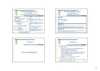 13
Structure « Tant que… Faire …
Fin tant que » (1)
Schéma d’exécution et syntaxe
49
Tant que
Suite du programme
FAUX
VRAI
Traitement
Syntaxe :
Tant que Condition Faire
Traitement
Fin tant que
Condition : condition de maintien de la
boucle
Traitement = action ou ensemble
d’actions à exécuter tant que la condition
est vérifiée
Le traitement est exécuté tant que la
condition est vérifiée, sinon on sort de la
boucle
Si la condition n’est pas vraie dès la
première exécution, la boucle ne sera
jamais exécutée (0 fois)
La condition doit être initialisée avant la
boucle et modifiée à l’intérieur de la
boucle
Condition ?
Structure « Tant que… Faire …
Fin tant que » (2)
Exemple et exercices
50
Exemple :
i ← 1
Tant que (i<=5) Faire
écrire(i*100)
i ← i + 1
Fin tant que
Exercice 1 :
Ecrire un algorithme qui permet de calculer la somme des Nb premiers
entiers en utilisant la boucle « Tant que … Faire … Fin tant que ».
Exercice 2 :
Ecrire un algorithme qui permet de calculer la factorielle d’un entier n
donné (on suppose que n est un entier positif).
Chapitre 5
51
Les sous-programmes
Introduction
52
Décomposition des problèmes en modules (sous-problèmes
de taille réduite)
Plusieurs séquences d’instructions sont appelés plusieurs fois
et depuis divers points du programme
→ isoler ces séquences dans un sous-programme
Approche modulaire : réduit le nombre d’instructions redondantes
moyennant l’ajout d’une séquence d’appel pour le module à
différents endroits du programme
→ réduit la taille du programme
Lisibilité : facilite la compréhension du programme
Réutilisation des sous-programmes
→ Programme plus lisible et plus facile à maintenir
( à modifier éventuellement par la suite)
 