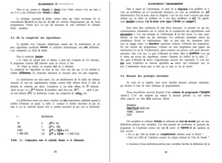 kOORIlWMIQUE F?I- PROGRAMMATION
Dans ce cas, comme ni t[haut], ni t[bas] n’est l’objet, celui-ci n’est pas dans t,
car il n’y a pas d’élément entre t[haut] et @as].
La technique consistant a utiliser comme butée une valeur inexistante (ici en
considérant [O..n+l] au lieu de [l..n]) est utilisée fréquemment par de bons
programmeurs. Notons qu’il n’a pas été nécessaire de créer réellement les éléments
fictifs introduits.
2.3. De la complexité des algorithmes
Le parallèle avec l’annuaire téléphonique montre que les performances de ces
deux algorithmes (recherche lin6aire et recherche dichotomique) sont très différentes.
Leur complexité est facile à établir.
Pour la recherche linéaire :
- Si l’objet est présent dans le tableau, il peut être n’importe où. En moyenne,
le programme examine n/2 éléments avant de trouver le bon.
Si l’objet est absent, on examine tous les n éléments.
La complexité de l’algorithme est donc de o(n). Cela veut dire que si l’on doublait le
nombre d’él6ments, les recherches dureraient en moyenne deux fois plus longtemps.
La dichotomie est tout autre. Ici, un doublement de la taille du tableau
nécessite un seul pas supplémentaire (chaque examen d’un élément divise la taille du
domaine de recherche par deux). Considérons le cas d’un tableau de 2k éléments.
Apres un pas, on a 2k-1 éléments a considérer, après deux pas, 2k-2, . . . . après k pas,
un seul élément (20). La dichotomie a donc une complexité de o(log2 (n)).
La différence entre ces deux courbes est très importante, surtout quand le
nombre d’éléments est grand. La table 2.1 compare le nombre maximum de pas (n)
dans le cas de recherche linéaire avec le nombre maximum de pas avec la dichotomie.
n dichotomie
10 4 (24= 16)
100 7 (2’= 128)
1000 10 (2’O= 1024= lk)
1 000 000 2 0 (2’O = 1024k = 1 048 576)
Table 2.1. Comparaison entre la recherche linéaire et la dichotomie
34
/UOO-QUE ET PROGRAhGfA-MON
Dans le jargon de l’informatique, on parle de la r6duction d’un problème en n
vers un problème en n-l (recherche linéaire), ou vers un problème en n/2
(dichotomie). Par la suite, dans le chapitre 3 sur les tris, nous verrons que dans
certains cas, on réduit un problème en n vers deux problbmes en n/2. On appelle
cette demiete technique l’art de diviser pour régner (“divide and conquer”).
Nous tirons deux conclusions de cette brève discussion. La première est que des
connaissances minimales sur le calcul de la complexité des algorithmes sont
necessaires si l’on veut pratiquer de l’informatique B un bon niveau. Le sujet, assez
difficile, est très étudié par des chercheurs. Ces recherches demandent surtout des
compétences élevées en mathématiques. Mais on peut faire des estimations utiles
avec un bagage limite. La deuxieme conclusion concerne l’efficacité des programmes.
On voit souvent des programmeurs s’échiner sur leurs programmes pour gagner une
instruction ici ou là. Evidemment, dans certains cas précis, cela peut devenir
nécessaire, mais c’est rare. Le gain d’efficacité est limité. Mais le probleme n’est pas
le même au niveau des algorithmes, comme l’attestent les chiffres de la table 2.1.
Des gains d’efficacité à travers l’algorithmique peuvent être importants. Il n’est pas
tres sensé d’optimiser un mauvais algorithme - mieux vaut commencer avec un
bon. L’optimisation locale peut se faire par la suite en cas de besoin.
2.4. Résumé des principes introduits
Au cours de ce chapitre, nous avons introduit plusieurs principes importants,
qui forment la base de notre technique de programmation.
Nous travaillons souvent B partir d’un schéma de programme (“pro-
scheme”). C’est’ une maquette qui indique la structure générale. Le seul schéma
utilise jusqu’ici est celui d’un processus linéaire :
Initialiser
TANTQUE NON fini
FAIRE avancer
FAIT
On complète le schéma linéaire en utilisant un état du monde, qui est une
définition précise des variables. Cet état permet de confirmer la justesse du
programme en l’exploitant comme une liste a cocher en @onse à des questions du
type suivant :
- Est ce que l’état du monde est completement initialisé avant la boucle ?
- Quel est l’effet de l’opération avancer sur chaque élément de l’état du monde ?
L’existence d’une definition précise des variables facilite la définition de la
35
 