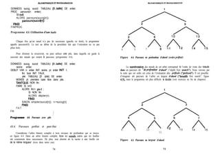 fiLGORITHMQUFiJ3TPROGR4MMATION fiLGORlTHMIQUElTPROGR4MWTION
DONNEES succg, succd: TABLEAU [O..taille] DE entier;
PROC parcours(n: entier);
SI nd)
ALORS parcours(succg[n]);
parcours(succd[n])
FINSI
FINPROC
Programme 4.5. Utilisation d’une butke
Chaque fois qu’un nœud n’a pas de successeur (gauche ou droit), le programme
appelle parcours(O). Le test au début de la procédure fait que l’exécution ne va pas
plus loin.
Pour éliminer la récursivité, on peut utiliser une pile, dans laquelle on garde le
souvenir des nœuds qui restent a parcouru (programme 4.6).
DONNEES succg, succd: TABLEAU [O..taille] DE entier;
racine: entier;
DEBUT VAR n: entier INIT racine, pl: entier INIT 1,
fini: bool INIT FAUX,
pile: TABLEAU [l ..tpile] DE entier;
MONDE pl: première case libre dans pile;
TANTQUE NON fini
FAIRE SI n=O
ALORS fini:= pl=l ;
SI NON fini
ALORS dépiler(n)
FINSI
SINON empiler(succd[n]); n:=succg[n]
FINSI
FAIT
FIN
1
Programme 4.6. Parcours avec pile
43.4. Parcours préfixé et post-fixé
Considérons l’arbre binaire complet à trois niveaux de profondeur qui se trouve
en figure 4.4. Dans un arbre binaire complet, tous les noeuds autres que les feuilles
ont exactement deux successeurs. De plus, tout chemin de la racine à une feuille est
de la même longueur (trois dans notre cas).
4 5 7 A5
Figure 4.4. Parcours en profondeur d’abord (ordrepr@xt?)
La num&otation des nœuds de cet arbre correspond à l’ordre de visite des nœuds
dans un parcours dit “deprojhdeur d‘abord” (“depth first seatch”). Nous verrons par
la suite que cet ordre est celui de l’évaluation dite prt?jïxt?e (“ptefixed”). Il est possible
d’imaginer un parcours de l’arbre en largeur d’abord (“breadth first search”, figure
4.3, mais le programme est plus difficile à Ccrire (voir exercice en fin de chapitre).
A AA A8 9 10 15
11
l2 1 3 14
Figure 4.5. Parcours en largey d’abord
74 75
 