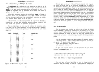 ALOORIlTIMIQUE ET PROGRAMMATION h3ORlWMIQUE ET PROGRAMMATION
5.2.1. Permutations par Ichanges de voisins
La spécification de ce probleme nous a été donnée dans les années 70, par un
collegue. Malheureusement, nous ne nous rappelons plus de qui il s’agissait. Si
jamais il lit ces lignes, ce serait avec plaisir que nous lui attribuerons son bien . . . Le
probleme est d’engendrer toutes les permutations des n éléments d’un vecteur, en
appliquant les seules règles suivantes.
- Entre deux permutations successives, la seule différence r6sulte de l’échange de
deux voisins. Notons qu’en général V[il a deux voisins, V[i-l] et V[i+l], mais v[l] et
v[n] n’ont chacun qu’un seul voisin, ce qui veut dire que le vecteur n’est pas circulaire
et, en particulier, v[l] et v[nl ne sont pas des voisins.
- En numérotant chacun des objets par l’index de sa position de départ (l..n),
l’échange qui a lieu entre deux permutations successives concerne l’élément le plus
grand possible, sans reproduire une permutation déjà produite.
Ces deux règles impose un ordre unique de production des permutations, même
si cet ordre n’est pas évident a première vue. Afin de bien cerner le problème,
considérons l’ordre imposé par cet algorithme pour les permutations de quatre entiers
(figure 5.3).
Numém
2
3
4
5
6
- 7
8
9
10
11
12
13
14
15
16
17
18
19
20
21
22
23
24
1 2 3 4
1 2 4 3
1 4 2 3
4 1 2 3
4 1 3 2
1 4 3 2
1 3 4 2
1 3 2 4
3 1 2 4
3 1 4 2
3 4 1 2
4 3 1 2
4 3 2 1
3 4 2 1
3 2 4 1
3 2 1 4
2 3 1 4
2 3 4 1
2 4 3 1
4 2 3 1
4 2 1 3
2 4 1 3
2 1 4 3
2 1 3 4
Pivot
4
4
4
3
4
4
4
3
4
4
4
2
4
4
4
3
4
4
4
3
4
4
4
Monde des trois
1 2 3
1 3 2
3 1 2
3 2 1
2 3 1
2 1 3
Figure 5.3. Permutations de quatre entiers
Sur cette figure, on voit que le 4 “traverse” les autres objets de droite a gauche,
puis retourne au point de départ par une traversée de gauche a droite. Au moment de
son changement de direction, le 4 ne peut pas revenir immédiatement, car l’échange
reproduirait la permutation pnkédente. Chaque fois que le 4 termine une traversée, et
donc va changer de direction, l’algorithme effectue un échange dans le monde des
trois”. Cela veut dire que les trois objets restants mettent leur vie au niveau inférieur.
Le 4 traverse chaque permutation du monde des trois avant que l’algorithme en
produise la prochaine. Dans le monde des trois, le trois traverse chaque permutation
du monde des deux. Ainsi, on justifie l’algorithme par la formule de récurrence
suivante : l’objet n traverse completement chaque permutation des n-l objets
restants. On engendre ainsi toutes les permutations de n objets. La demibre colonne
de la figure 5.3 indique les permutations des trois objets qui sont engendn$es à chaque
changement de direction du quatrième. Le sens du mot pivot deviendra clair par la
suite.
52.2. Le programme
Dans ce programme, nous travaillons sur l’entier i, qui est l’index de l’échange
considéré. L’Cchange i transforme la permutation i en la permutation i+l. La valeur
de i varie donc de 1 à factoriel(n)-1, où n est le nombre d’objets, l’échange d’index
factoriel(n) reproduisant la position de départ. Les objets sont représentés par les
entiers (l..n). Le vecteur v contient, à chaque instant, la dernière permutation
produite.
Avec les conventions ci-dessus, nous allons considérer les questions suivantes :
- A l’échange d’index i, quel est l’objet qui doit s’échanger avec un voisin plus
petit que lui ? On appelle cet objet le pivot.
- Dans quelle direction le pivot doit-il bouger ?
- Où se trouve le pivot dans v ?
La figure 5.3 indique le pivot dans le cas des permutations de quatre éléments.
Reprenons cette sequence (figure 5.4).
123456789101112131415161718192021222324
444344434 4 4 2 4 4 4 3 4 4 4 3 4 4 4fin
Figure 5.4. Valeurs de i et du pivot dans permutations(4)
Dans cette figure, la Premiere ligne indique les index des échanges successifs, la
deuxième le pivot pour l’échange. On voit que le quatre prend trois échanges pour
100 101
 