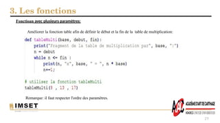 3. Les fonctions
29
Améliorer la fonction table afin de définir le début et la fin de la table de multiplication:
Fonctioan avec plusieurs paramètres:
Remarque: il faut respecter l'ordre des paramètres.
 