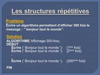 Problème
Écrire un algorithme permettant d’afficher 300 fois le
message : ‘‘ bonjour tout le monde’’.
Solution
ALGORITHME Affichage-300-fois;
DEBUT
Écrire (' Bonjour tout le monde '); {1ère fois}
Écrire (' Bonjour tout le monde '); {2ème fois}
.
.
Écrire (' Bonjour tout le monde '); {300ème fois}
FIN
 