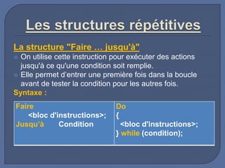 La structure "Faire … jusqu'à"
 On utilise cette instruction pour exécuter des actions
jusqu'à ce qu'une condition soit remplie.
 Elle permet d’entrer une première fois dans la boucle
avant de tester la condition pour les autres fois.
Syntaxe :
Faire
<bloc d'instructions>;
Jusqu’à Condition
Do
{
<bloc d'instructions>;
} while (condition);
 
