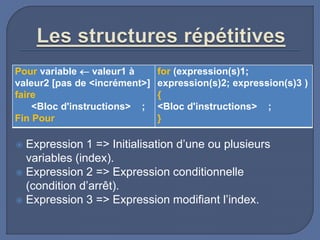  Expression 1 => Initialisation d’une ou plusieurs
variables (index).
 Expression 2 => Expression conditionnelle
(condition d’arrêt).
 Expression 3 => Expression modifiant l’index.
Pour variable  valeur1 à
valeur2 [pas de <incrément>]
faire
<Bloc d'instructions> ;
Fin Pour
for (expression(s)1;
expression(s)2; expression(s)3 )
{
<Bloc d'instructions> ;
}
 