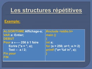 Exemple:
ALGORITHME Affichage-a;
VAR a: Entier;
DEBUT
Pour a  256 à 1 faire
Ecrire ("a = ", a);
Test ← a / 2;
Fin pour
FIN
#include <stdio.h>
main ()
{
int a;
for (a = 256; a>1; a /= 2)
printf ("a= %d n", a);
}
 