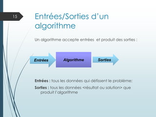 Entrées/Sorties d’un
algorithme
Un algorithme accepte entrées et produit des sorties :
Entrées : tous les données qui défissent le problème;
Sorties : tous les données <résultat ou solution> que
produit l’algorithme
15
Algorithme
Entrées Sorties
 