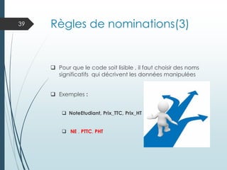 Règles de nominations(3)
❑ Pour que le code soit lisible , il faut choisir des noms
significatifs qui décrivent les données manipulées
❑ Exemples :
❑ NoteEtudiant, Prix_TTC, Prix_HT
❑ NE , PTTC, PHT
39
 