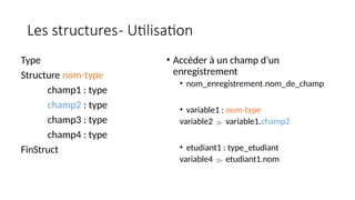 Les structures- Utilisation
Type
Structure nom-type
champ1 : type
champ2 : type
champ3 : type
champ4 : type
FinStruct
• Accéder à un champ d’un
enregistrement
• nom_enregistrement.nom_de_champ
• variable1 : nom-type
variable2  variable1.champ2
• etudiant1 : type_etudiant
variable4  etudiant1.nom
 