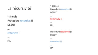 La récursivité
• Simple
Procedure recursive ()
DEBUT
…
recursive ()
…
FIN
• Croisée
Procedure recursive1 ()
DEBUT
…
Recursive2 ()
…
FIN
Procedure recursive2 ()
DEBUT
…
recursive1 ()
…
FIN
 