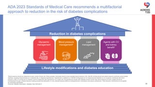 ADA 2023 Standards of Medical Care recommends a multifactorial
approach to reduction in the risk of diabetes complications
38
Reduction in diabetes complications
Glycaemic
management
Blood pressure
management*
Lipid
management
Agents with CV
and kidney
benefit†
Lifestyle modifications and diabetes education
*Blood pressure should be measured at every routine clinical visit. When possible, individuals found to have elevated blood pressure (120–129/<80 mmHg) should have blood pressure confirmed using multiple
readings, including measurements on a separate day, to diagnose hypertension. Hypertension is defined as ≥130/≥80 mmHg based on ≥2 measurements obtained on ≥2 occasions. Individuals with blood
pressure ≥180/110 mmHg and CV disease could be diagnosed with hypertension at a single visit. All hypertensive people with diabetes should monitor their blood pressure at home, targets should be
individualised through a shared decision-making process that addresses CV risk, potential adverse effects of antihypertensive medications and person preferences; †Risk reduction interventions to be applied
as individually appropriate
American Diabetes Association. Diabetes Care 2023;46:S1
 