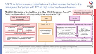 Figure adapted from ADA–EASD consensus report. Davies MJ et al. Diabetes Care 2022;45:2753. There are additional recommendations If HbA1c remains above target; for
full recommendations, please refer to the reference.
1. American Diabetes Association. Diabetes Care 2023;46:S1; 2. Davies MJ et al. Diabetes Care 2022;45:2753
Please see speaker notes for footnotes and abbreviations
ADA 2023 Standards of Medical Care and ADA–EASD Consensus Report1,2:
Goal – cardio-renal risk reduction in high-risk people with T2D*†
SGLT2 inhibitors are recommended as a first-line treatment option in the
management of people with T2D at high risk of cardio-renal events
40
+ASCVD/indicators of
high risk‡
To avoid therapeutic inertia,
reassess and modify treatment
regularly (3–6 months)
+HF
SGLT2 inhibitor¶
with proven benefit in
this population
People with HF
Preferably SGLT2 inhibitor¶
with primary evidence of reducing
CKD progression
Use SGLT2 inhibitor in people with an
eGFR ≥20 ml/min per 1.73 m2;
once initiated, should be continued
until dialysis or transplantation
GLP-1 RA
with proven CV benefit
if SGLT2 inhibitor not
tolerated or
contraindicated
Or
People with CKD (on maximally tolerated dose of ACEi/ARB)
If HbA1c above target, for individuals on SGLT2 inhibitor,
consider incorporating a GLP-1 RA or vice versa
+CKD
People with ASCVD/indicators
of high risk
GLP-1 RA§
with proven
CVD benefit
• For individuals on a GLP-1 RA consider adding SGLT2
inhibitor with proven CVD benefit or vice versa
• TZD**
If HbA1c above target
SGLT2 inhibitor¶
with proven
CVD benefit
Either/
or
Identify barriers to goals if additional cardio-renal risk reduction or glycaemic-lowering needed
 