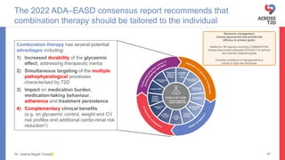 Dr. Usama Ragab Youssif
The 2022 ADA–EASD consensus report recommends that
combination therapy should be tailored to the individual
51
Combination therapy has several potential
advantages including:
1) Increased durability of the glycaemic
effect, addressing therapeutic inertia
2) Simultaneous targeting of the multiple
pathophysiological processes
characterised by T2D
3) Impact on medication burden,
medication-taking behaviour,
adherence and treatment persistence
4) Complementary clinical benefits
(e.g. on glycaemic control, weight and CV
risk profiles and additional cardio-renal risk
reduction*)
Glycaemic management:
choose approaches that provide the
efficacy to achieve goals:
Metformin OR agent(s) including COMBINATION
therapy that provide adequate EFFICACY to achieve
and maintain treatment goals
Consider avoidance of hypoglycaemia a
priority in high-risk individuals
 
