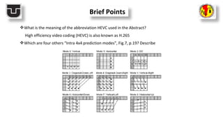 Brief Points
What is the meaning of the abbreviation HEVC used in the Abstract?
High efficiency video coding (HEVC) is also known as H.265
Which are four others “Intra 4x4 prediction modes”, Fig.7, p.19? Describe
 