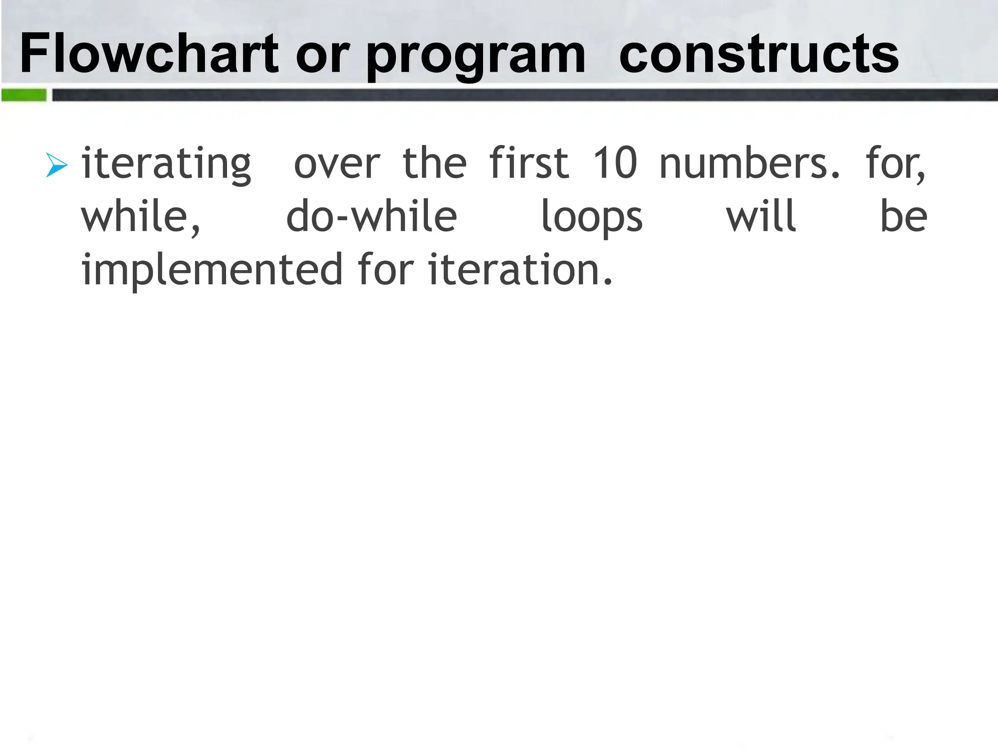 Flowchart or program constructs  iterating over the first 10 numbers. for, while, do-while loops will be implemented for iteration. 