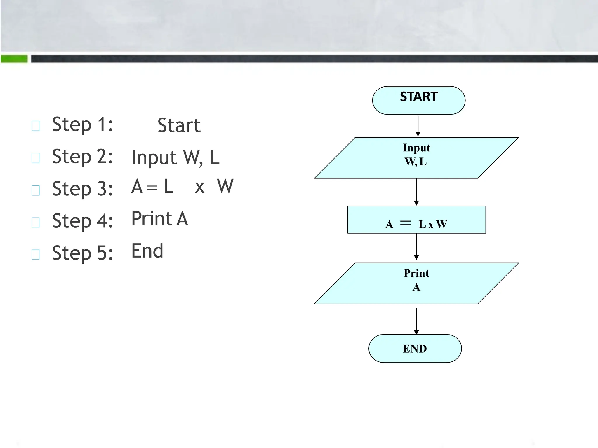 Step 1: Step 2: Step 3: Step 4: Step 5: Start Input W, L A = L x W Print A End Input W, L A = Lx W END Print A START 