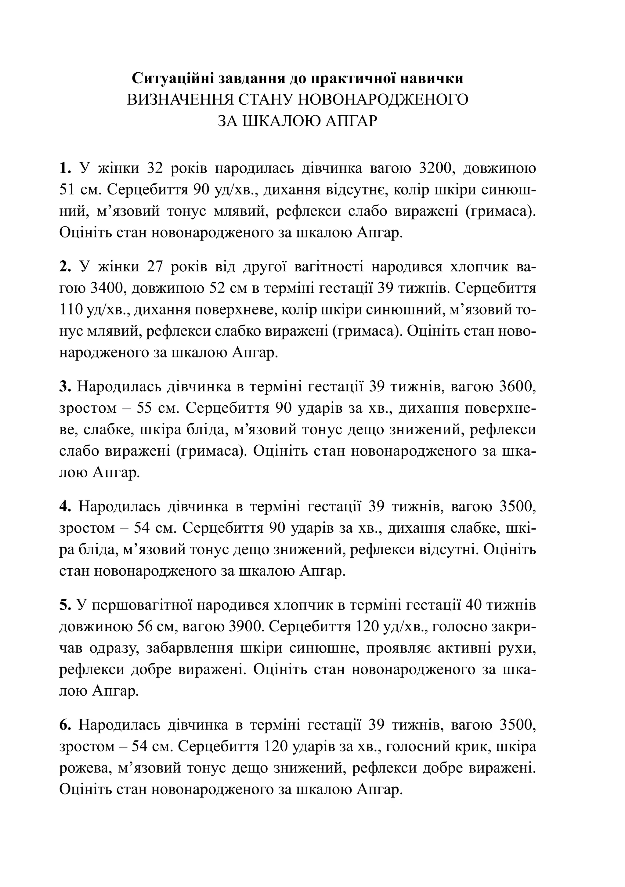 Ситуаційні завдання до практичної навички
         Визначення стану новонародженого
                    за шкалою Апгар

1. У жінки 32 років народилась дівчинка вагою 3200, довжиною
51 см. Серцебиття 90 уд/хв., дихання відсутнє, колір шкіри синюш-
ний, м’язовий тонус млявий, рефлекси слабо виражені (гримаса).
Оцініть стан новонародженого за шкалою Апгар.

2. У жінки 27 років від другої вагітності народився хлопчик ва-
гою 3400, довжиною 52 см в терміні гестації 39 тижнів. Серцебиття
110 уд/хв., дихання поверхневе, колір шкіри синюшний, м’язовий то-
нус млявий, рефлекси слабко виражені (гримаса). Оцініть стан ново-
народженого за шкалою Апгар.

3. Народилась дівчинка в терміні гестації 39 тижнів, вагою 3600,
зростом – 55 см. Серцебиття 90 ударів за хв., дихання поверхне-
ве, слабке, шкіра бліда, м’язовий тонус дещо знижений, рефлекси
слабо виражені (гримаса). Оцініть стан новонародженого за шка-
лою Апгар.

4. Народилась дівчинка в терміні гестації 39 тижнів, вагою 3500,
зростом – 54 см. Серцебиття 90 ударів за хв., дихання слабке, шкі-
ра бліда, м’язовий тонус дещо знижений, рефлекси відсутні. Оцініть
стан новонародженого за шкалою Апгар.

5. У першовагітної народився хлопчик в терміні гестації 40 тижнів
довжиною 56 см, вагою 3900. Серцебиття 120 уд/хв., голосно закри-
чав одразу, забарвлення шкіри синюшне, проявляє активні рухи,
рефлекси добре виражені. Оцініть стан новонародженого за шка-
лою Апгар.

6. Народилась дівчинка в терміні гестації 39 тижнів, вагою 3500,
зростом – 54 см. Серцебиття 120 ударів за хв., голосний крик, шкіра
рожева, м’язовий тонус дещо знижений, рефлекси добре виражені.
Оцініть стан новонародженого за шкалою Апгар.
 