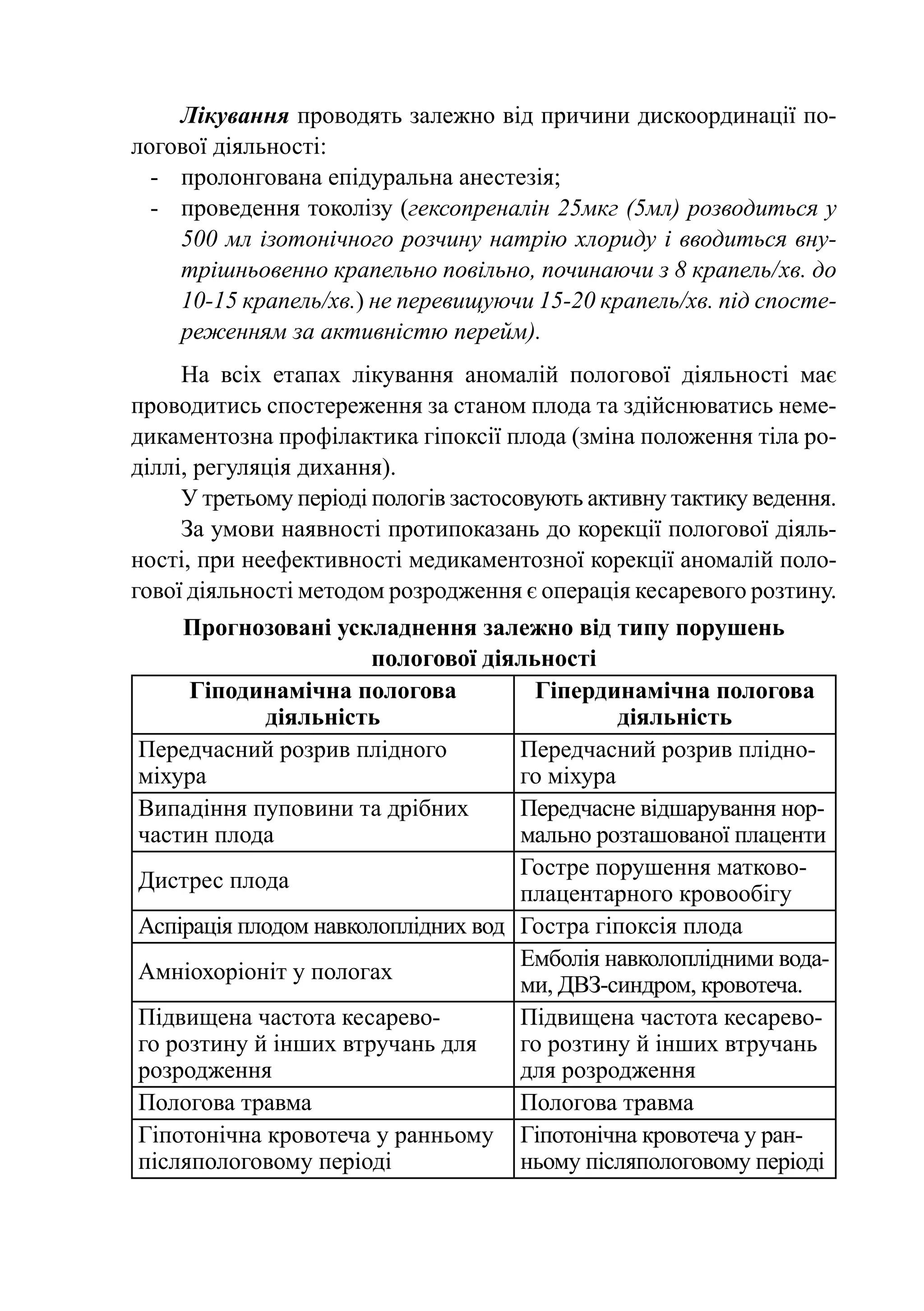 Лікування проводять залежно від причини дискоординації по-
логової діяльності:
  -	 пролонгована епідуральна анестезія;
  -	 проведення токолізу (гексопреналін 25мкг (5мл) розводиться у
     500 мл ізотонічного розчину натрію хлориду і вводиться вну-
     трішньовенно крапельно повільно, починаючи з 8 крапель/  в. до
                                                               х
     10-15 крапель/хв.) не перевищуючи 15-20 крапель/хв. під спосте-
     реженням за активністю перейм).
     На всіх етапах лікування аномалій пологової діяльності має
проводитись спостереження за станом плода та здійснюватись неме-
дикаментозна профілактика гіпоксії плода (зміна положення тіла ро-
діллі, регуляція дихання).
     У третьому періоді пологів застосовують активну тактику ведення.
     За умови наявності протипоказань до корекції пологової діяль-
ності, при неефективності медикаментозної корекції аномалій поло-
гової діяльності методом розродження є операція кесаревого розтину.
    Прогнозовані ускладнення залежно від типу порушень
                      пологової діяльності
     Гіподинамічна пологова          Гіпердинамічна пологова
            діяльність                        діяльність
Передчасний розрив плідного         Передчасний розрив плідно-
міхура                              го міхура
Випадіння пуповини та дрібних       Передчасне відшарування нор-
частин плода                        мально розташованої плаценти
                                    Гостре порушення матково-
Дистрес плода
                                    плацентарного кровообігу
Аспірація плодом навколоплідних вод Гостра гіпоксія плода
                                    Емболія навколоплідними вода-
Амніохоріоніт у пологах
                                    ми, ДВЗ-синдром, кровотеча.
Підвищена частота кесарево-         Підвищена частота кесарево-
го розтину й інших втручань для     го розтину й інших втручань
розродження                         для розродження
Пологова травма                     Пологова травма
Гіпотонічна кровотеча у ранньому Гіпотонічна кровотеча у ран-
післяпологовому періоді             ньому післяпологовому періоді
 