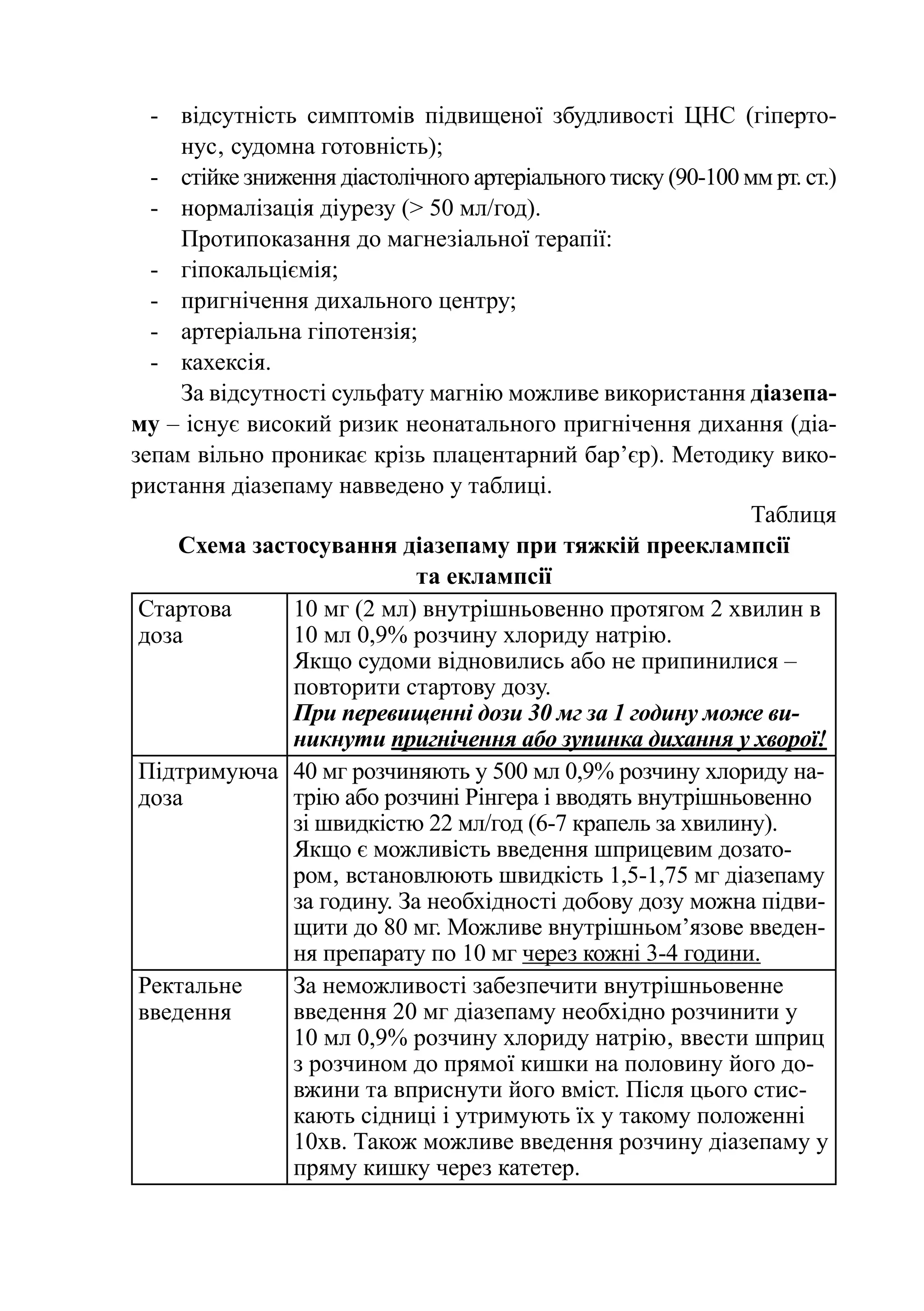 -	 відсутність симптомів підвищеної збудливості ЦНС (гіперто-
     нус‚ судомна готовність);
  -	 стійке зниження діастолічного артеріального тиску (90-100 мм рт. ст.)
  -	 нормалізація діурезу (> 50 мл/год).
     Протипоказання до магнезіальної терапії:
  -	 гіпокальціємія;
  -	 пригнічення дихального центру;
  -	 артеріальна гіпотензія;
  -	 кахексія.
     За відсутності сульфату магнію можливе використання діазепа-
му – існує високий ризик неонатального пригнічення дихання (діа-
зепам вільно проникає крізь плацентарний бар’єр). Методику вико-
ристання діазепаму навведено у таблиці.
                                                                Таблиця
     Схема застосування діазепаму при тяжкій прееклампсії
                             та еклампсії
 Стартова       10 мг (2 мл) внутрішньовенно протягом 2 хвилин в
 доза           10 мл 0,9% розчину хлориду натрію.
                Якщо судоми відновились або не припинилися –
                повторити стартову дозу.
                При перевищенні дози 30 мг за 1 годину може ви-
                никнути пригнічення або зупинка дихання у хворої!
 Підтримуюча 40 мг розчиняють у 500 мл 0,9% розчину хлориду на-
 доза           трію або розчині Рінгера і вводять внутрішньовенно
                зі швидкістю 22 мл/год (6-7 крапель за хвилину).
                Якщо є можливість введення шприцевим дозато-
                ром‚ встановлюють швидкість 1,5-1,75 мг діазепаму
                за годину. За необхідності добову дозу можна підви-
                щити до 80 мг. Можливе внутрішньом’язове введен-
                ня препарату по 10 мг через кожні 3-4 години.
 Ректальне      За неможливості забезпечити внутрішньовенне
 введення       введення 20 мг діазепаму необхідно розчинити у
                10 мл 0,9% розчину хлориду натрію‚ ввести шприц
                з розчином до прямої кишки на половину його до-
                вжини та вприснути його вміст. Після цього стис-
                кають сідниці і утримують їх у такому положенні
                10хв. Також можливе введення розчину діазепаму у
                пряму кишку через катетер.
 