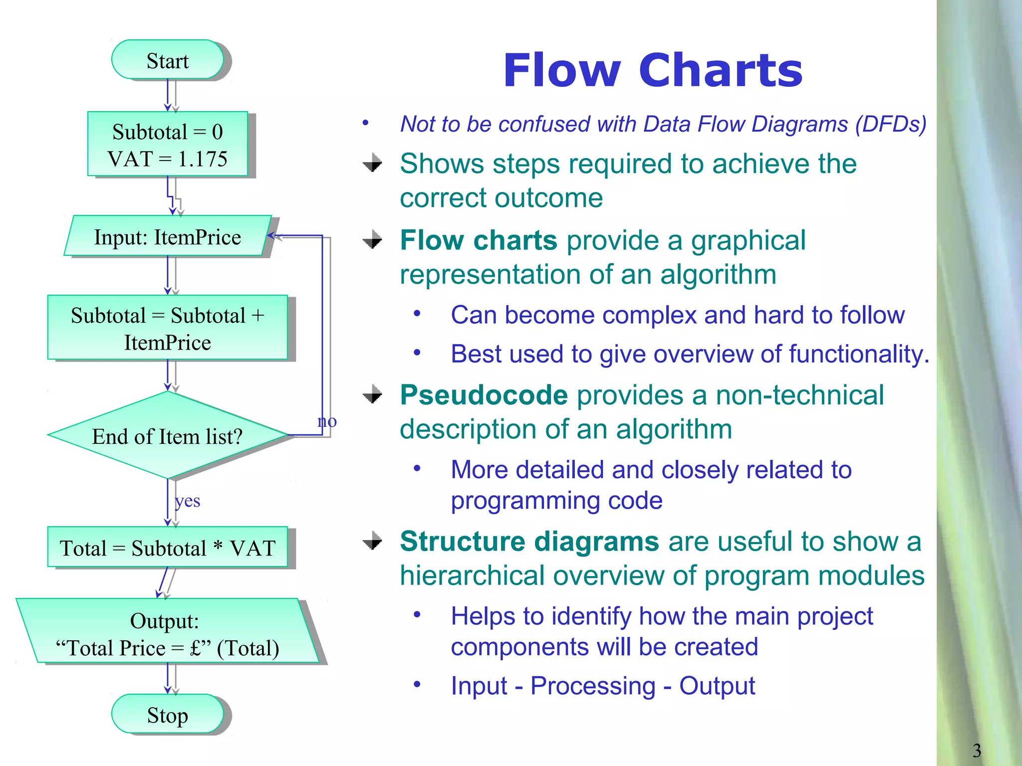 Start
           Start
                                               Flow Charts
     Subtotal = 00
      Subtotal =                  •   Not to be confused with Data Flow Diagrams (DFDs)
     VAT = 1.175
     VAT = 1.175                      Shows steps required to achieve the
                                      correct outcome
    Input: ItemPrice
     Input: ItemPrice                 Flow charts provide a graphical
                                      representation of an algorithm
 Subtotal = Subtotal +
  Subtotal = Subtotal +                •   Can become complex and hard to follow
      ItemPrice
       ItemPrice                       •   Best used to give overview of functionality.
                                      Pseudocode provides a non-technical
                             no
    End of Item list?
     End of Item list?                description of an algorithm
                                       •   More detailed and closely related to
             yes                           programming code
Total = Subtotal **VAT
 Total = Subtotal VAT                 Structure diagrams are useful to show a
                                      hierarchical overview of program modules
        Output:
         Output:                       •   Helps to identify how the main project
“Total Price = £” (Total)
 “Total Price = £” (Total)                 components will be created
                                       •   Input - Processing - Output
          Stop
           Stop
                                                                                          3
 