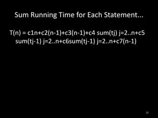 Sum Running Time for Each Statement...

T(n) = c1n+c2(n-1)+c3(n-1)+c4 sum(tj) j=2..n+c5
  sum(tj-1) j=2..n+c6sum(tj-1) j=2..n+c7(n-1)




                                                  12
 