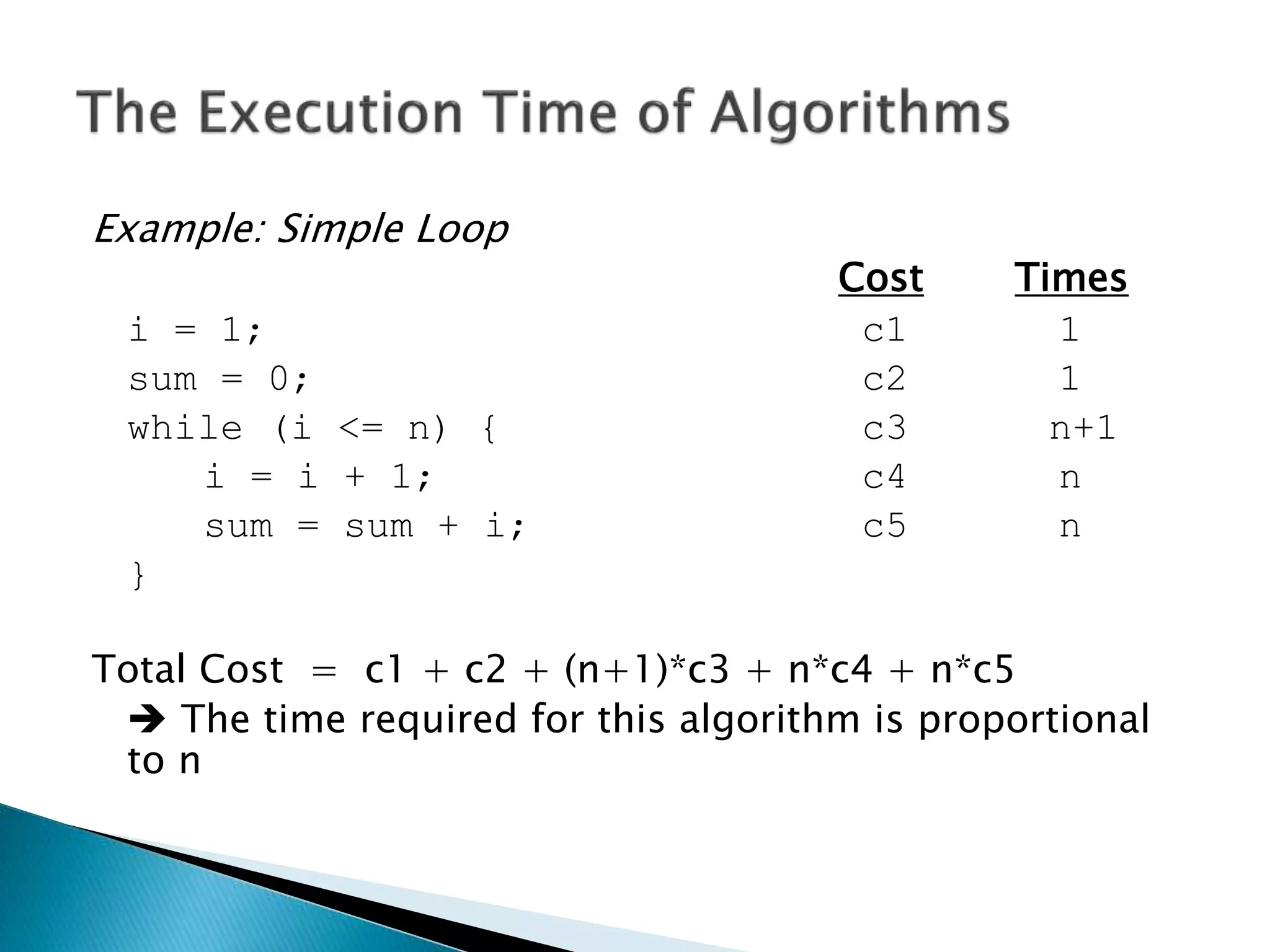 Example: Simple Loop
Cost Times
i = 1; c1 1
sum = 0; c2 1
while (i <= n) { c3 n+1
i = i + 1; c4 n
sum = sum + i; c5 n
}
Total Cost = c1 + c2 + (n+1)*c3 + n*c4 + n*c5
 The time required for this algorithm is proportional
to n
 