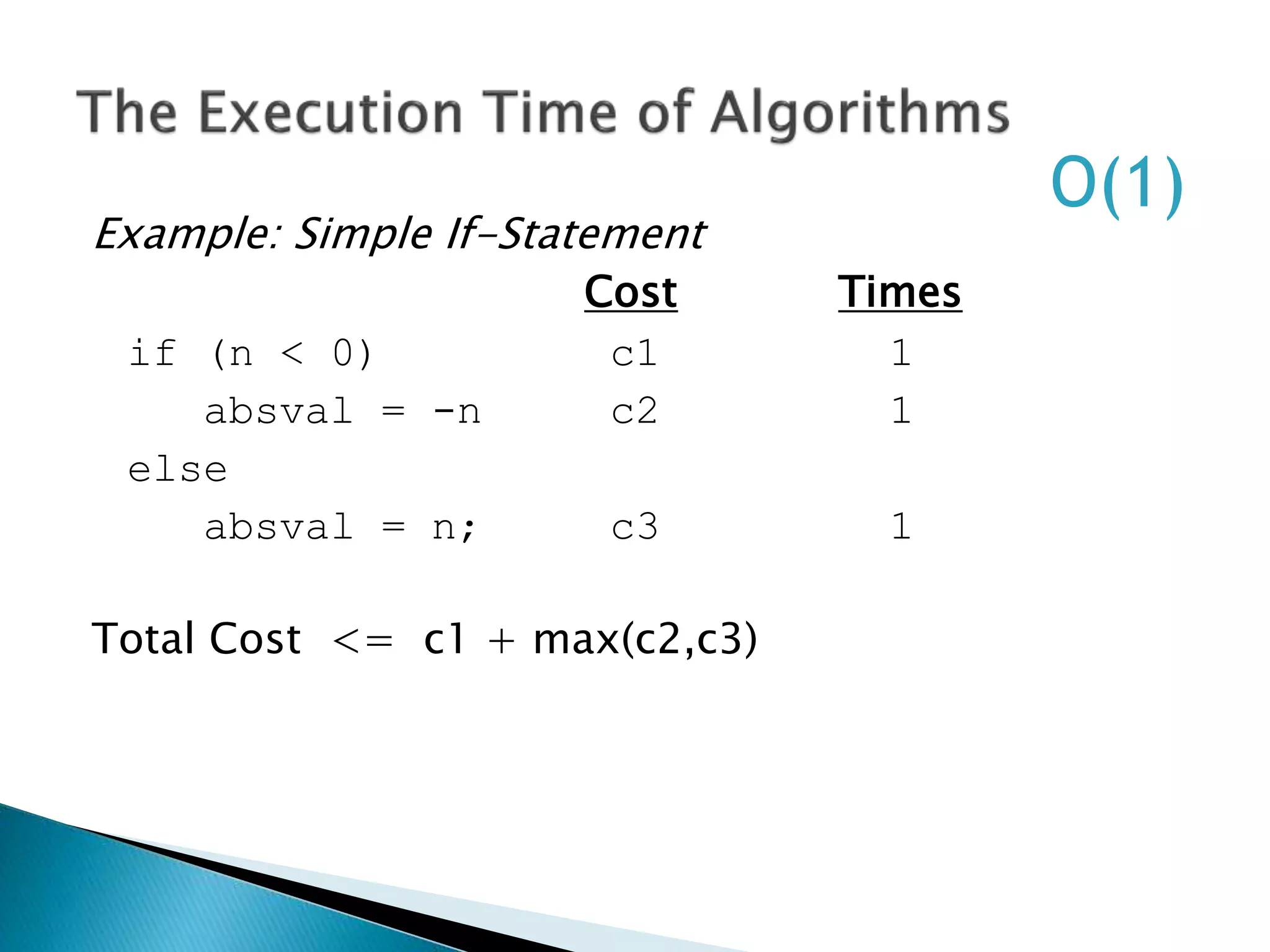 Example: Simple If-Statement
Cost Times
if (n < 0) c1 1
absval = -n c2 1
else
absval = n; c3 1
Total Cost <= c1 + max(c2,c3)
O(1)
 