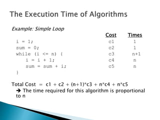 Example: Simple Loop
Cost Times
i = 1; c1 1
sum = 0; c2 1
while (i <= n) { c3 n+1
i = i + 1; c4 n
sum = sum + i; c5 n
}
Total Cost = c1 + c2 + (n+1)*c3 + n*c4 + n*c5
 The time required for this algorithm is proportional
to n
 