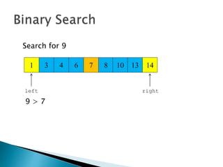 3 4 6 7
Search for 9
8 10 13 141
9 > 7
left right
 
