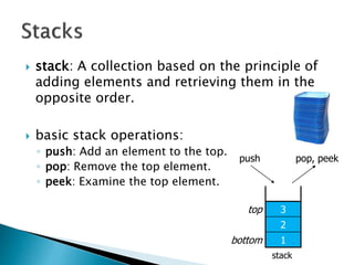  stack: A collection based on the principle of
adding elements and retrieving them in the
opposite order.
 basic stack operations:
◦ push: Add an element to the top.
◦ pop: Remove the top element.
◦ peek: Examine the top element.
stack
top 3
2
bottom 1
pop, peekpush
 