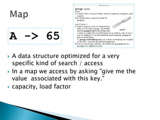  A data structure optimized for a very
specific kind of search / access
 In a map we access by asking "give me the
value associated with this key."
 capacity, load factor
A -> 65
 
